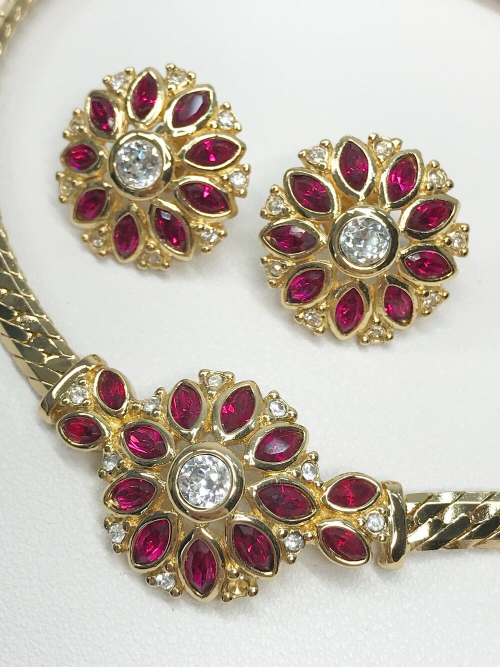 Vintage Christian Dior Choker Collar Red Clear Crystal Necklace Earrings Set